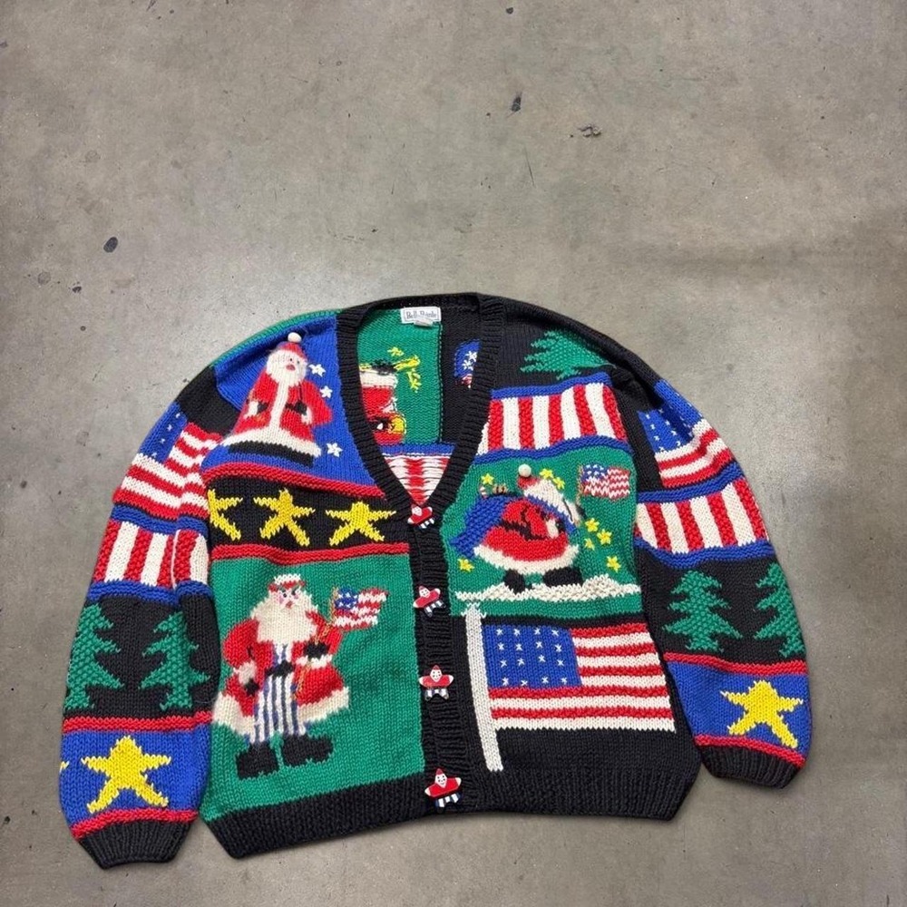 Vintage BellePointe Christmas Cardigan Sweater Womens Large Santa Patriotic Flag